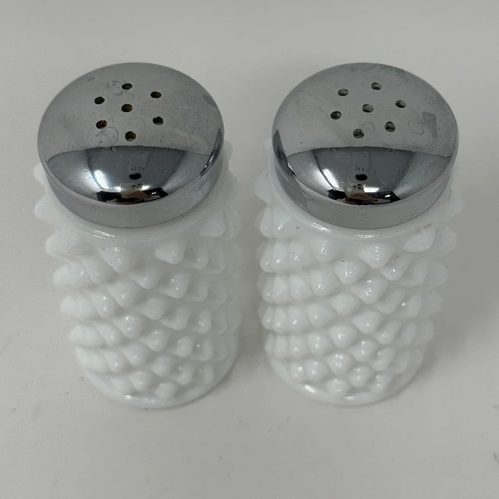 Vintage White Milk Glass Hobnail Salt & Pepper Shakers Chrome Tops Set
